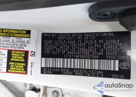 2022 Toyota Camry Se z USA, uszkodzony, nr VIN 4T1G11AKXNU057996